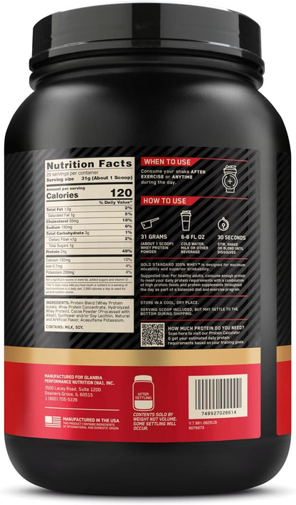 Gold Standard Whey Protein, Double Rich Chocolate, 2 LB | 24G of 100% Whey Protein Powder per Serving, with Bcaas, Gluten Free, Banned Substance Tested, Easy Mixing, Muscle Support