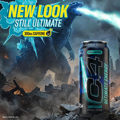 Ultimate Energy Drink, 300Mg Caffeine, Zero Sugar, High-Performance Energy for Pre-Workout, Endurance, and Focus, Sour Blue Razzilla, 16Oz (Pack of 12)