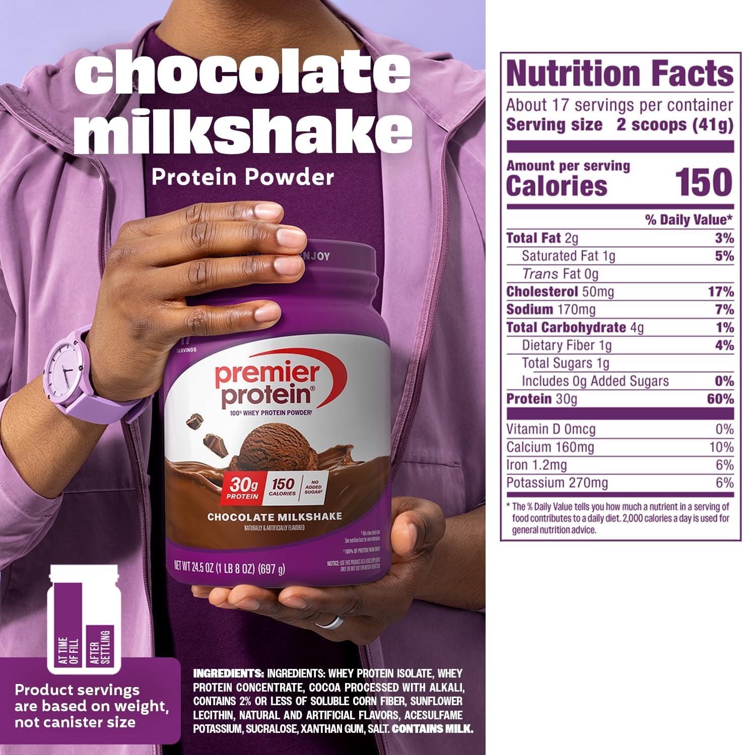 Powder, Chocolate, 100% Whey, 30G High Protein, 17 Servings | No Added Sugar, Supports Muscle Health, Soy & Gluten-Free, 1.44 Lb