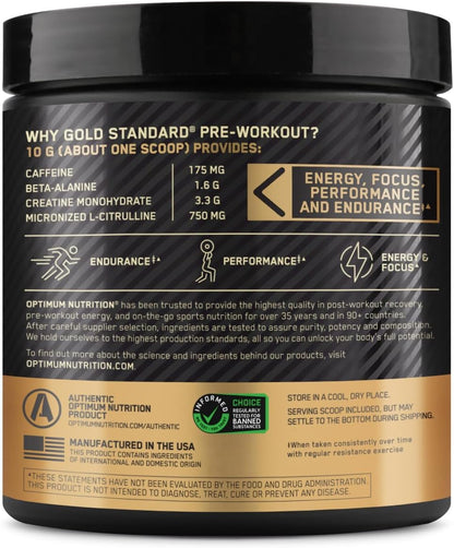 Gold Standard Pre-Workout, Vitamin D for Immune Support, with Creatine, Beta-Alanine, and Caffeine for Energy, Keto Friendly, Blueberry Lemonade, 30 Servings (Packaging May Vary)