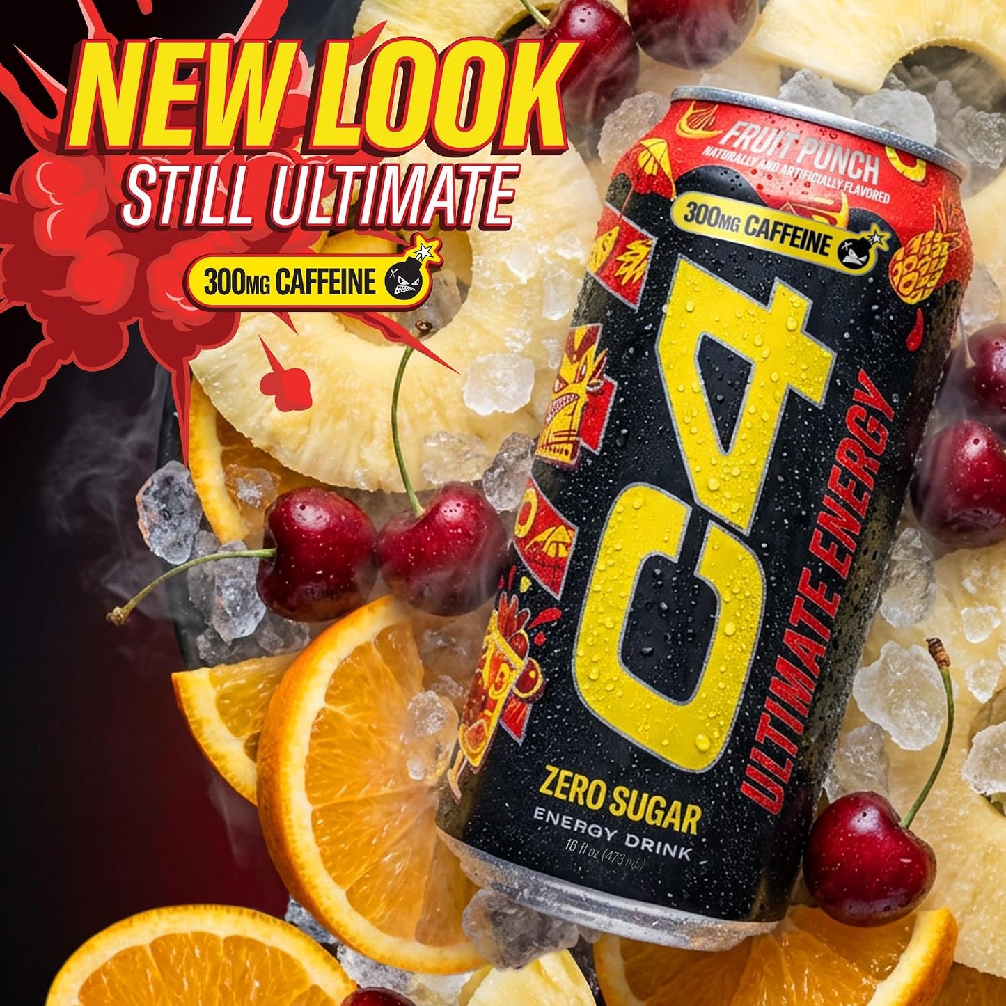 Ultimate Zero Sugar Energy Drink, Tri-Stim Experience with 300Mg Caffeine + Teacrine + Dynamine, Fruit Punch, 16Oz (Pack of 12)