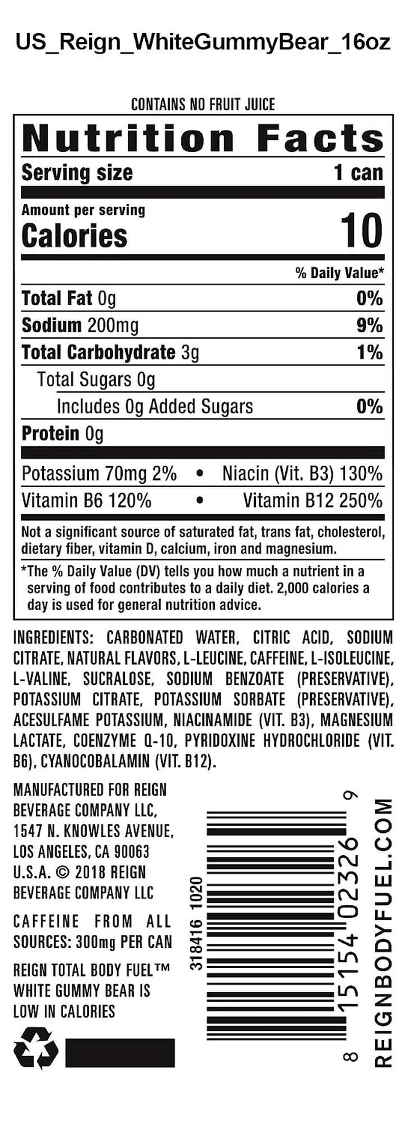 Total Body Fuel, White Gummy Bear, Fitness & Performance Drink, 16 Fl Oz (Pack of 12)