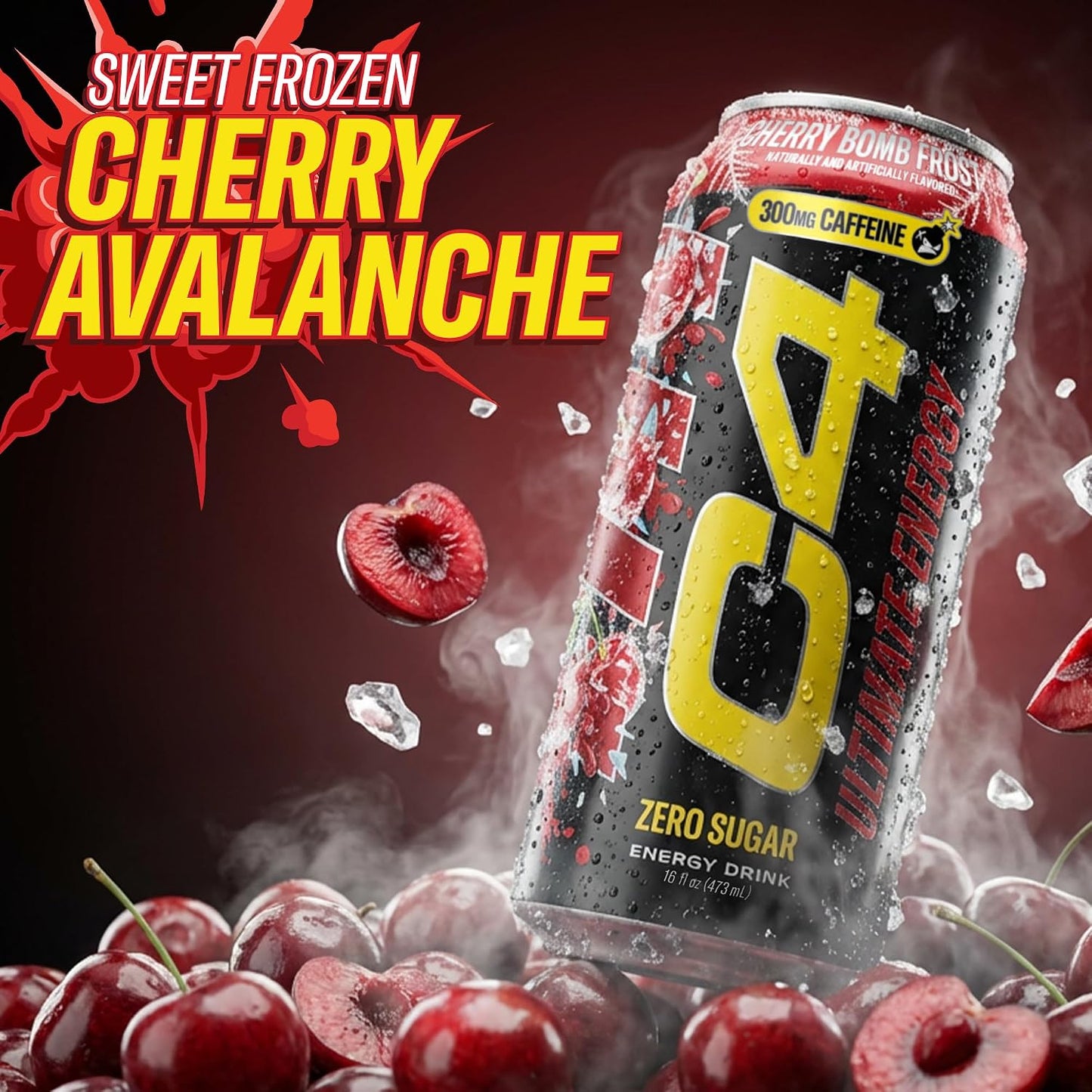 Ultimate Energy Drink, 300Mg Caffeine, Zero Sugar, High-Performance Energy for Pre-Workout, Endurance, and Focus, Cherry Bomb Frost, 16Oz (Pack of 12)