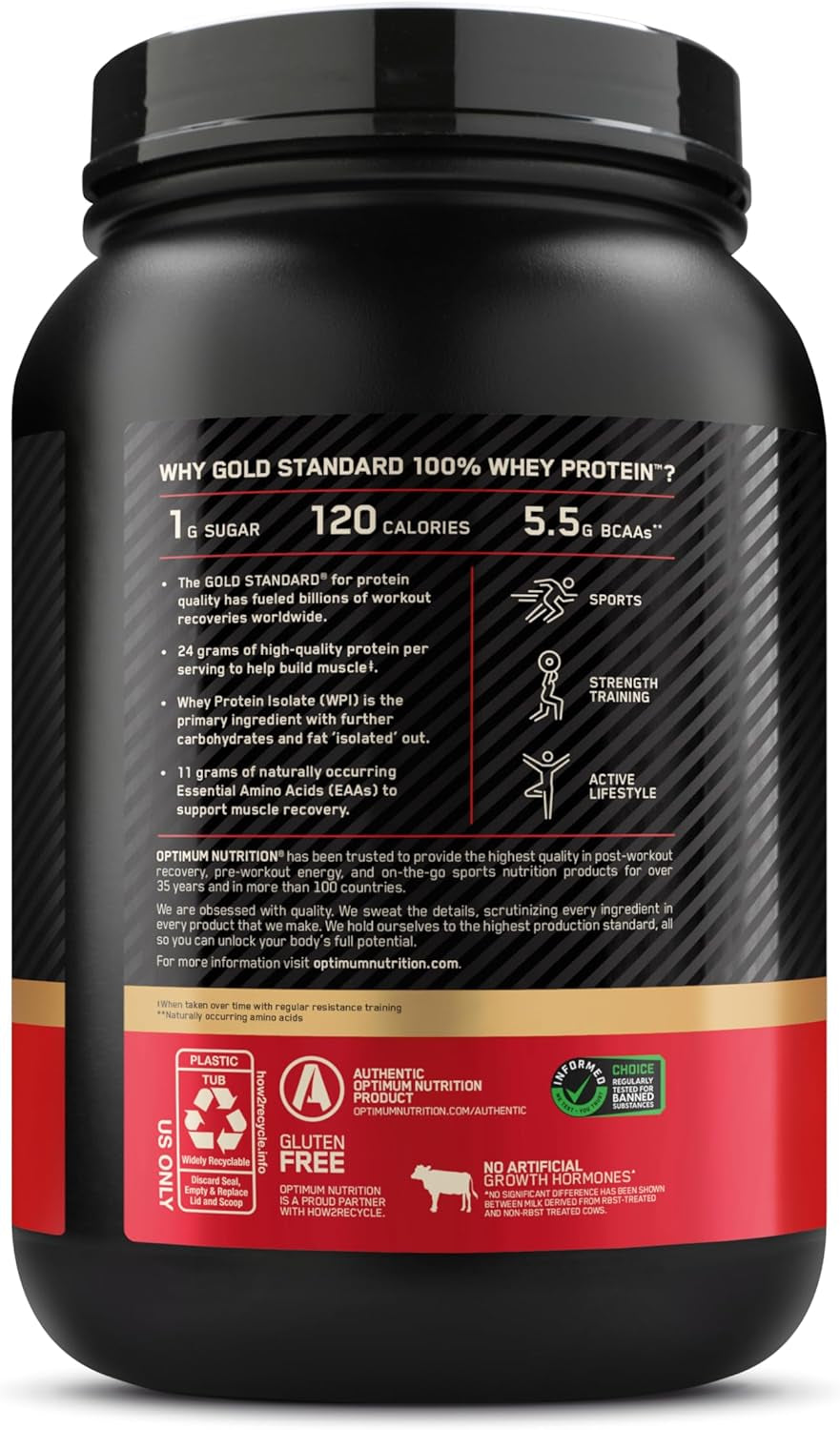Gold Standard Whey Protein, Double Rich Chocolate, 2 LB | 24G of 100% Whey Protein Powder per Serving, with Bcaas, Gluten Free, Banned Substance Tested, Easy Mixing, Muscle Support