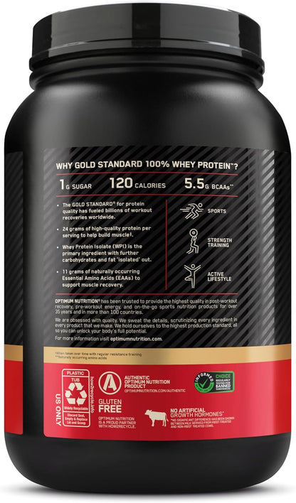 Gold Standard Whey Protein, Double Rich Chocolate, 2 LB | 24G of 100% Whey Protein Powder per Serving, with Bcaas, Gluten Free, Banned Substance Tested, Easy Mixing, Muscle Support