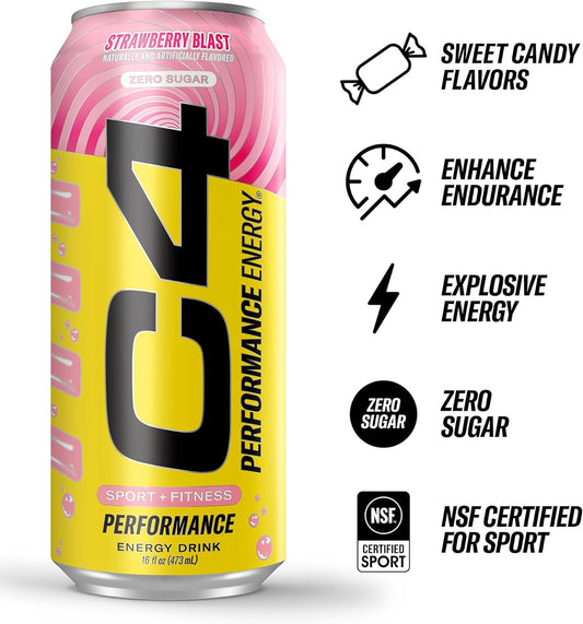 Performance Energy Drink | Strawberry Blast | Zero Sugar Carbonated Preworkout Energy | 200Mg Caffeine with Beta Alanine | 16 Fl Oz (12 Pack)