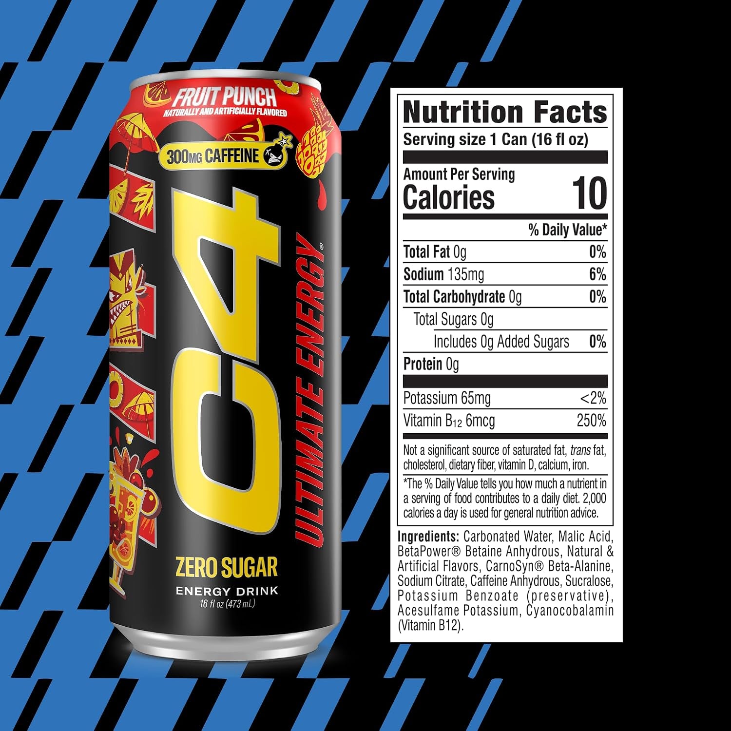 Ultimate Zero Sugar Energy Drink, Tri-Stim Experience with 300Mg Caffeine + Teacrine + Dynamine, Fruit Punch, 16Oz (Pack of 12)