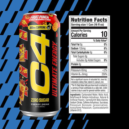 Ultimate Zero Sugar Energy Drink, Tri-Stim Experience with 300Mg Caffeine + Teacrine + Dynamine, Fruit Punch, 16Oz (Pack of 12)