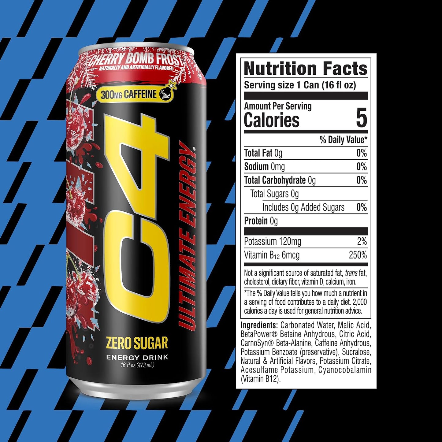 Ultimate Energy Drink, 300Mg Caffeine, Zero Sugar, High-Performance Energy for Pre-Workout, Endurance, and Focus, Cherry Bomb Frost, 16Oz (Pack of 12)