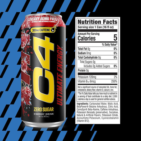 Ultimate Energy Drink, 300Mg Caffeine, Zero Sugar, High-Performance Energy for Pre-Workout, Endurance, and Focus, Cherry Bomb Frost, 16Oz (Pack of 12)