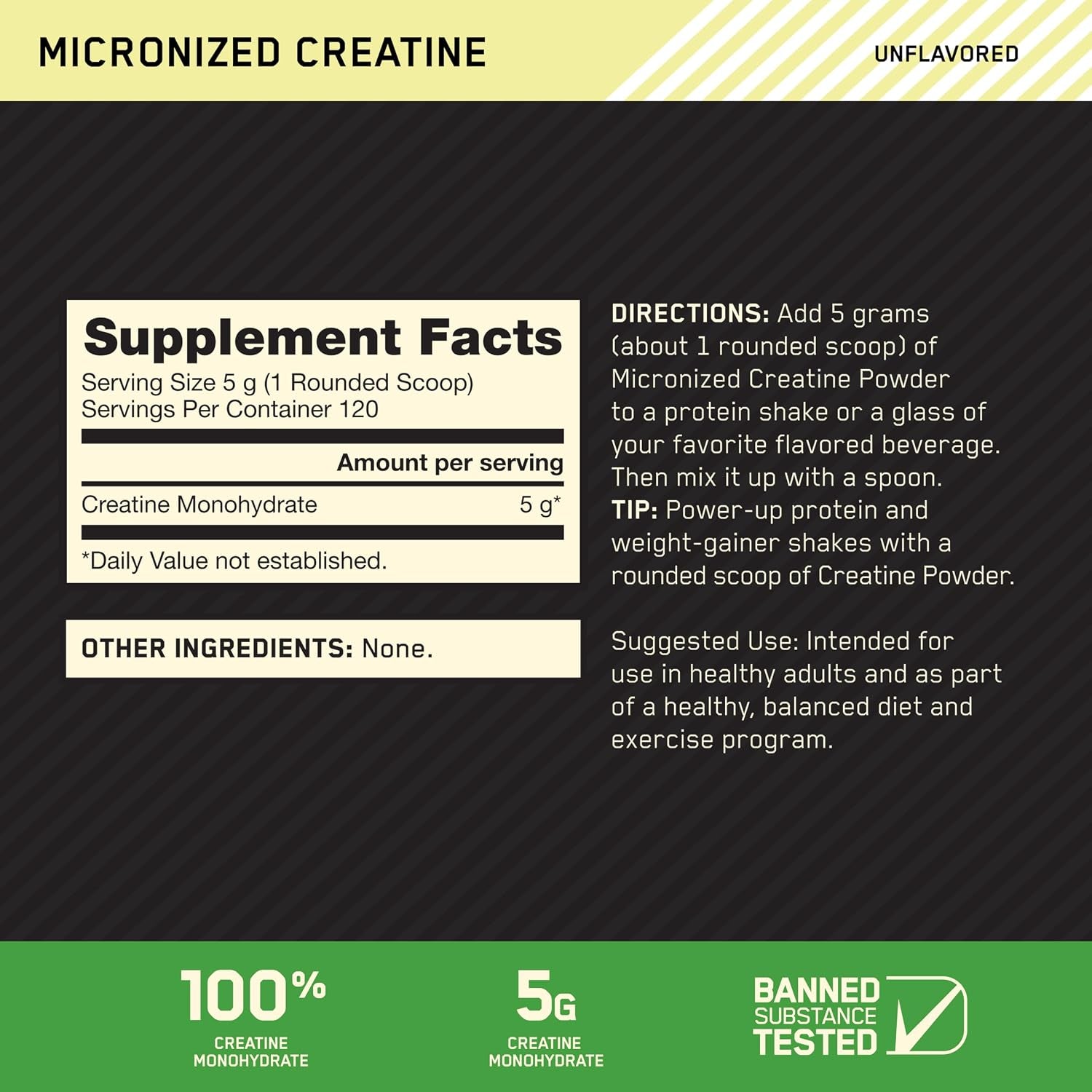 Creatine, Micronized Creatine Monohydrate Powder, Supports Strength & Recovery, Banned Substance Tested, Unflavored, 5 G per Serving, 120 Servings | 5G Micronized Creatine Monohydrate Powder per Serving, Supports Muscle Strength & Power, Easy Mixing, Banned Substance Tested