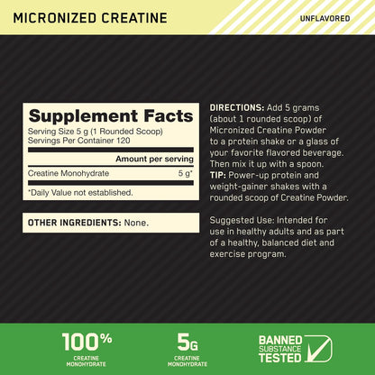Creatine, Micronized Creatine Monohydrate Powder, Supports Strength & Recovery, Banned Substance Tested, Unflavored, 5 G per Serving, 120 Servings | 5G Micronized Creatine Monohydrate Powder per Serving, Supports Muscle Strength & Power, Easy Mixing, Banned Substance Tested