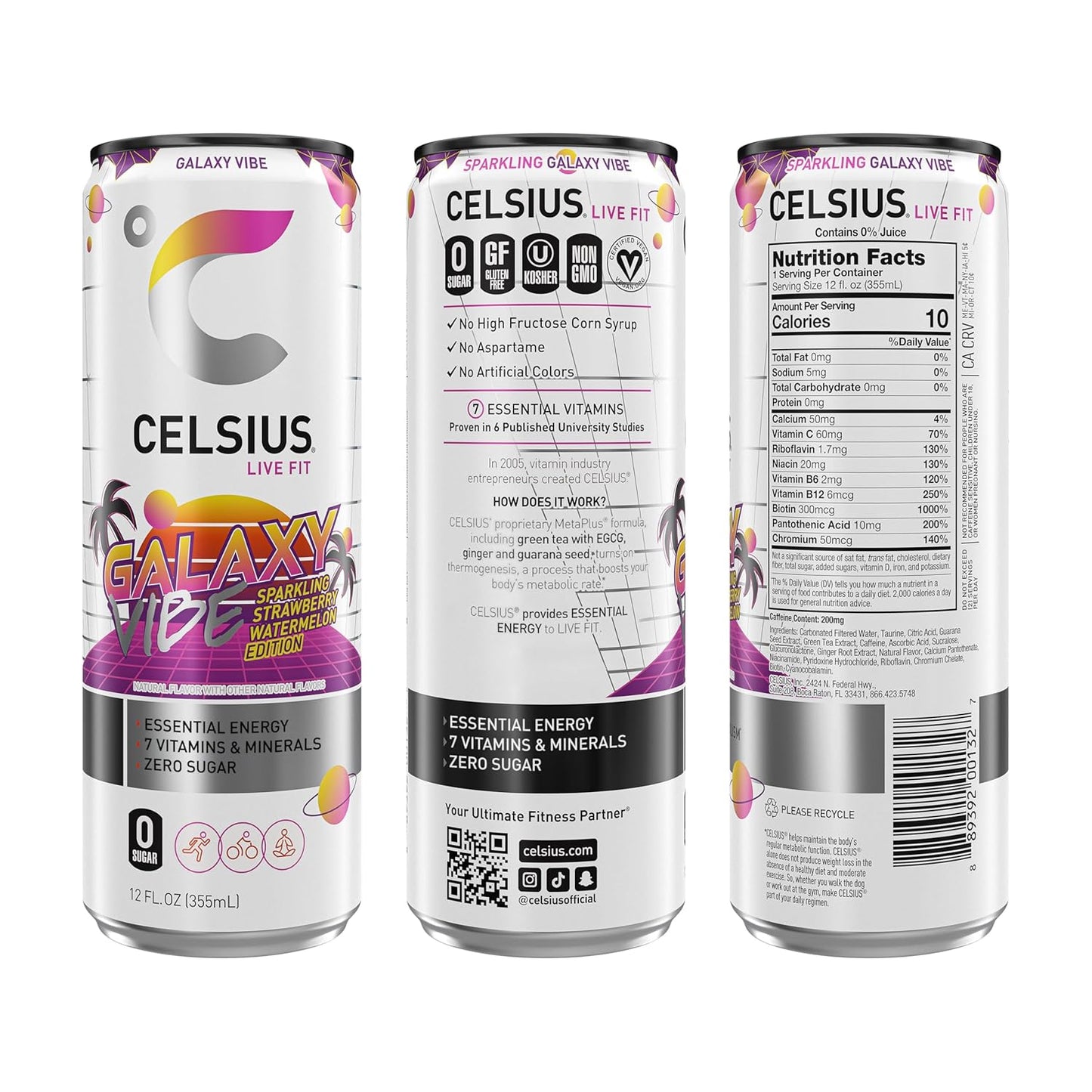 GALAXY VIBE Sparkling Strawberry Watermelon, Sugar Free Energy Drink, 12 Fl Oz (Pack of 12)