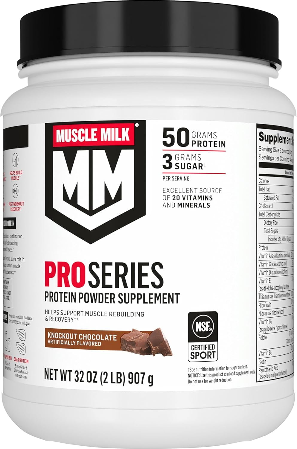 Muscle Milk Pro Series Protein Powder Supplement,Knockout Chocolate,2 Pound,11 Servings,50G Protein,3G Sugar,20 Vitamins & Minerals,Nsf Certified for Sport,Workout Recovery,Packaging May Vary