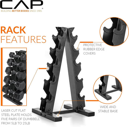 Rubber Coated Hex Dumbbell Set with Storage Rack | 100–210 Lb Options, Space-Saving Vertical Compact Storage for Home Gym Strength Training