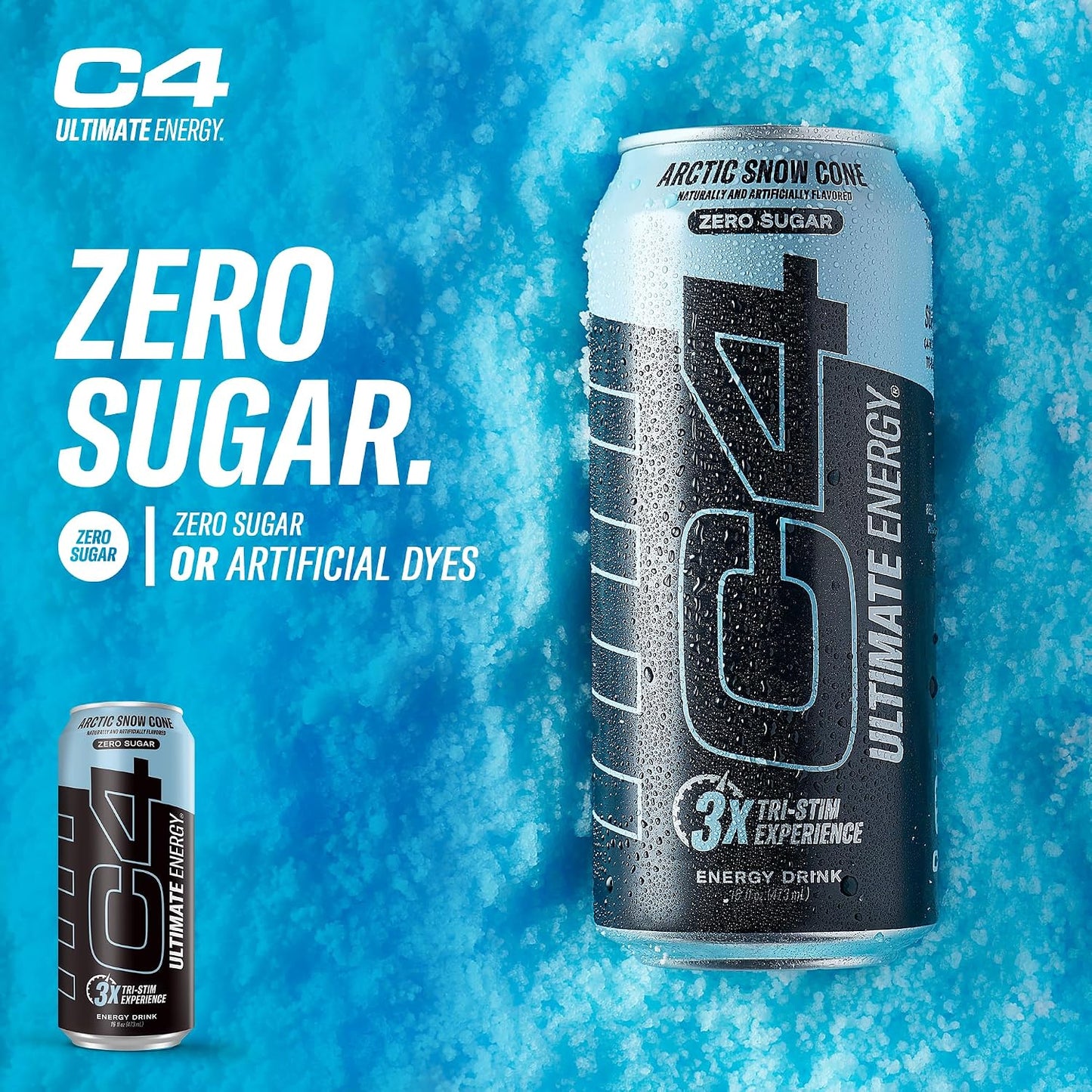 Ultimate Sugar Free Energy Drink 16Oz (Pack of 12) | Arctic Snow Cone | Pre Workout Performance Drink with No Artificial Colors or Dyes