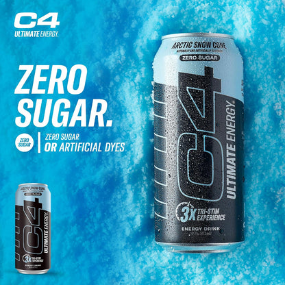Ultimate Sugar Free Energy Drink 16Oz (Pack of 12) | Arctic Snow Cone | Pre Workout Performance Drink with No Artificial Colors or Dyes