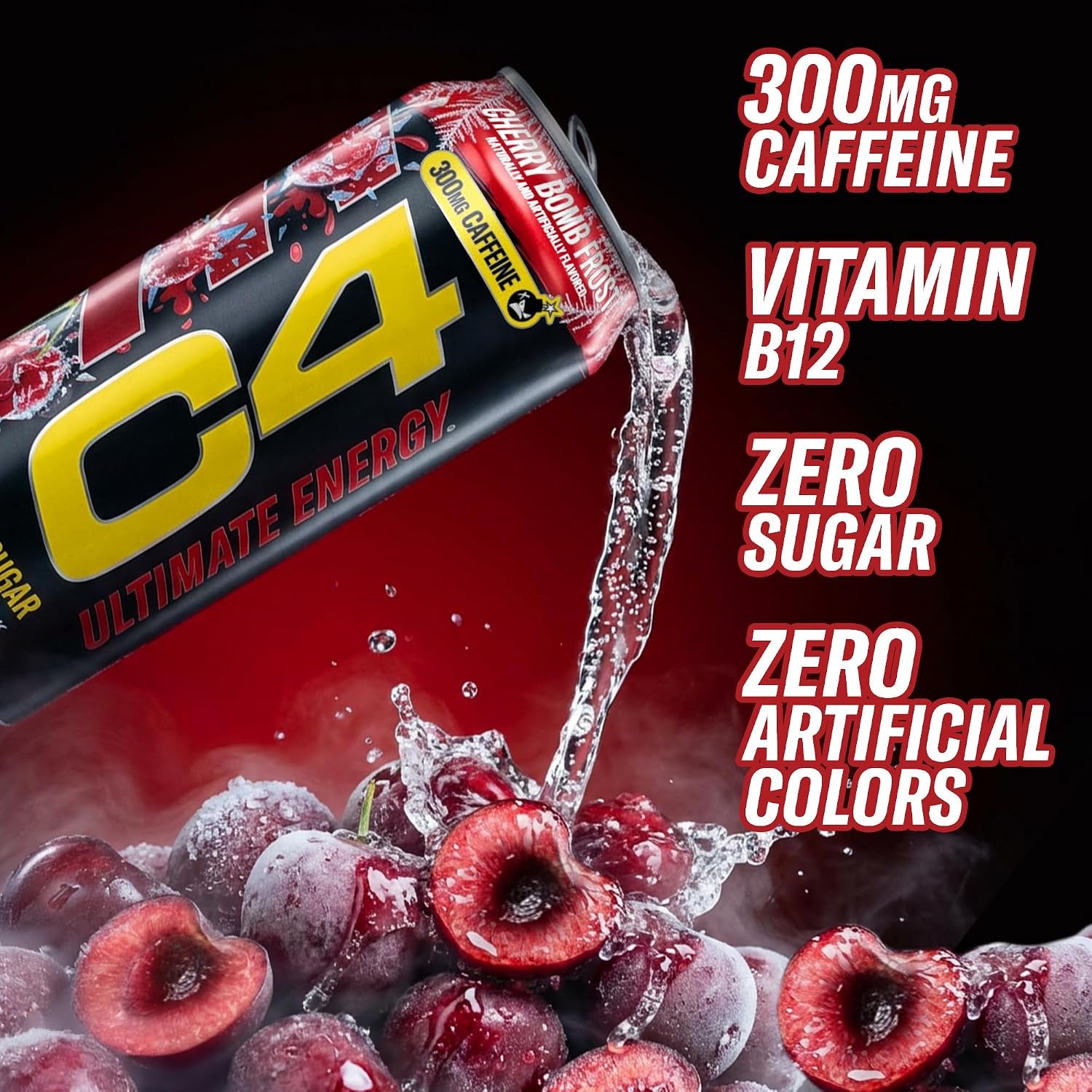 Ultimate Energy Drink, 300Mg Caffeine, Zero Sugar, High-Performance Energy for Pre-Workout, Endurance, and Focus, Cherry Bomb Frost, 16Oz (Pack of 12)
