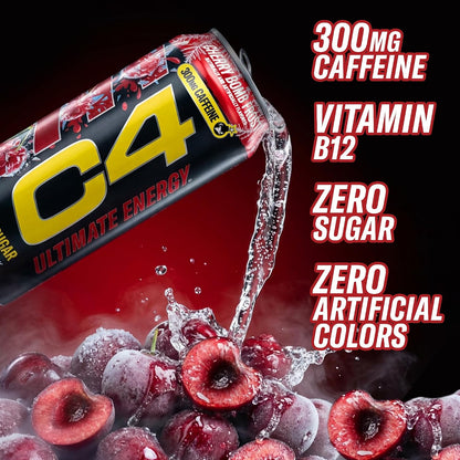 Ultimate Energy Drink, 300Mg Caffeine, Zero Sugar, High-Performance Energy for Pre-Workout, Endurance, and Focus, Cherry Bomb Frost, 16Oz (Pack of 12)