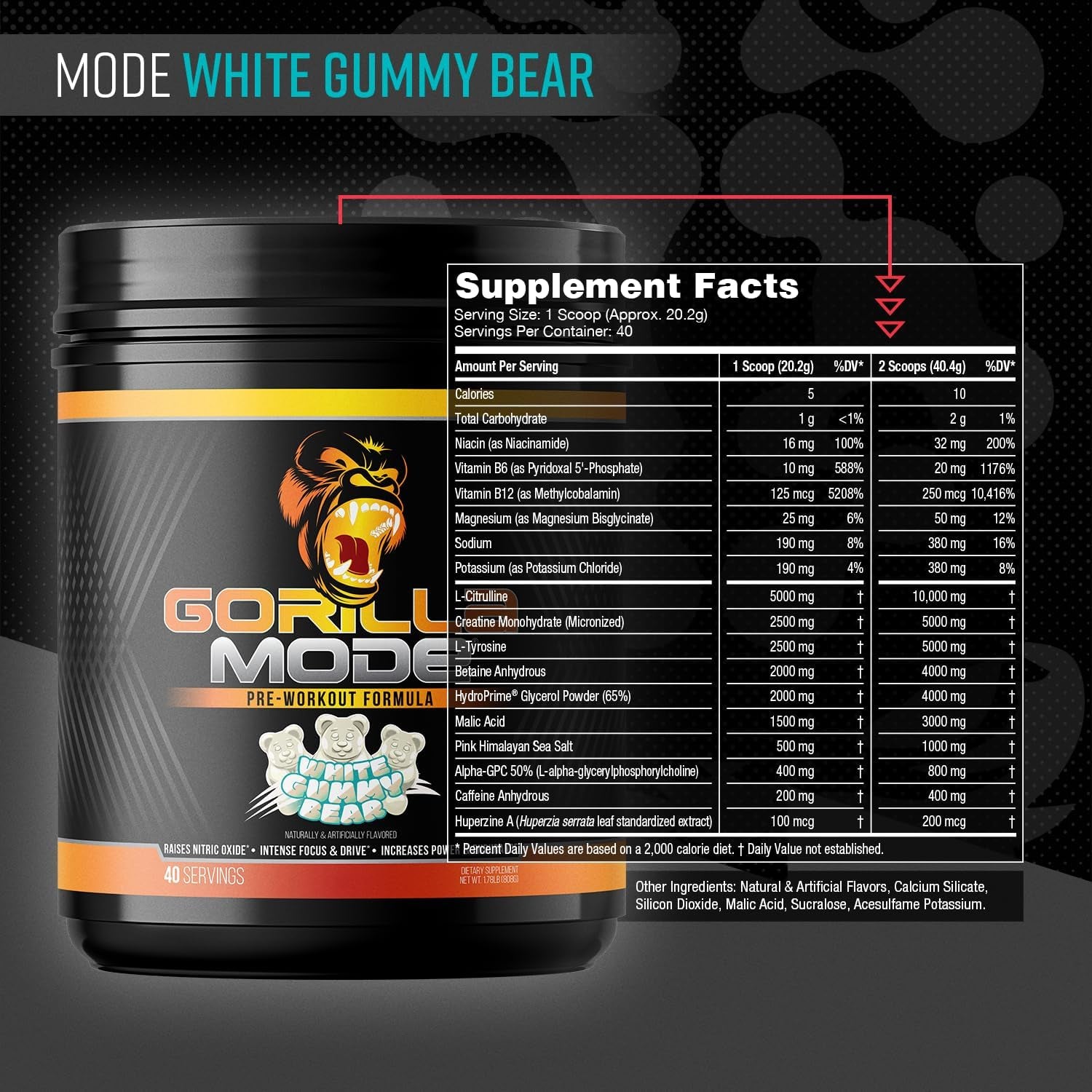 Pre Workout - Massive Pumps Laser Focus Energy Power - L-Citrulline, Creatine, L-Tyrosine, Betaine, Hydroprime, Alpha-Gpc, 400Mg Caffeine, Huperzine a 808G (White Gummy Bear)