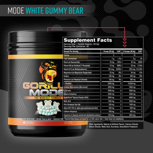 Pre Workout - Massive Pumps Laser Focus Energy Power - L-Citrulline, Creatine, L-Tyrosine, Betaine, Hydroprime, Alpha-Gpc, 400Mg Caffeine, Huperzine a 808G (White Gummy Bear)