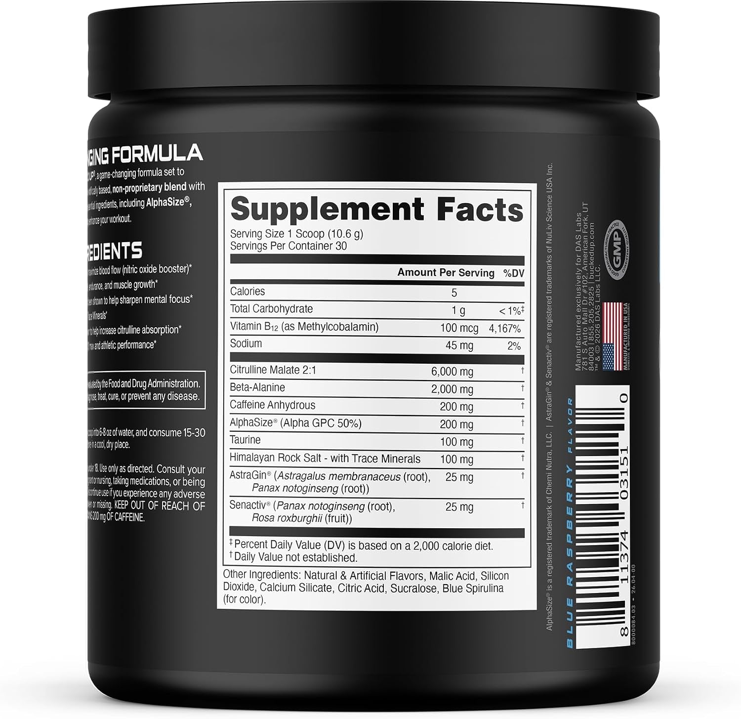 Pre Workout 6 Grams Citrulline, 2 Grams Beta Alanine, and 3 Other Registered Trademarked Ingredients (Blue Raz)