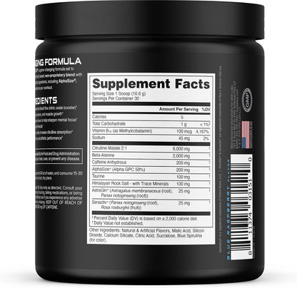 Pre Workout 6 Grams Citrulline, 2 Grams Beta Alanine, and 3 Other Registered Trademarked Ingredients (Blue Raz)