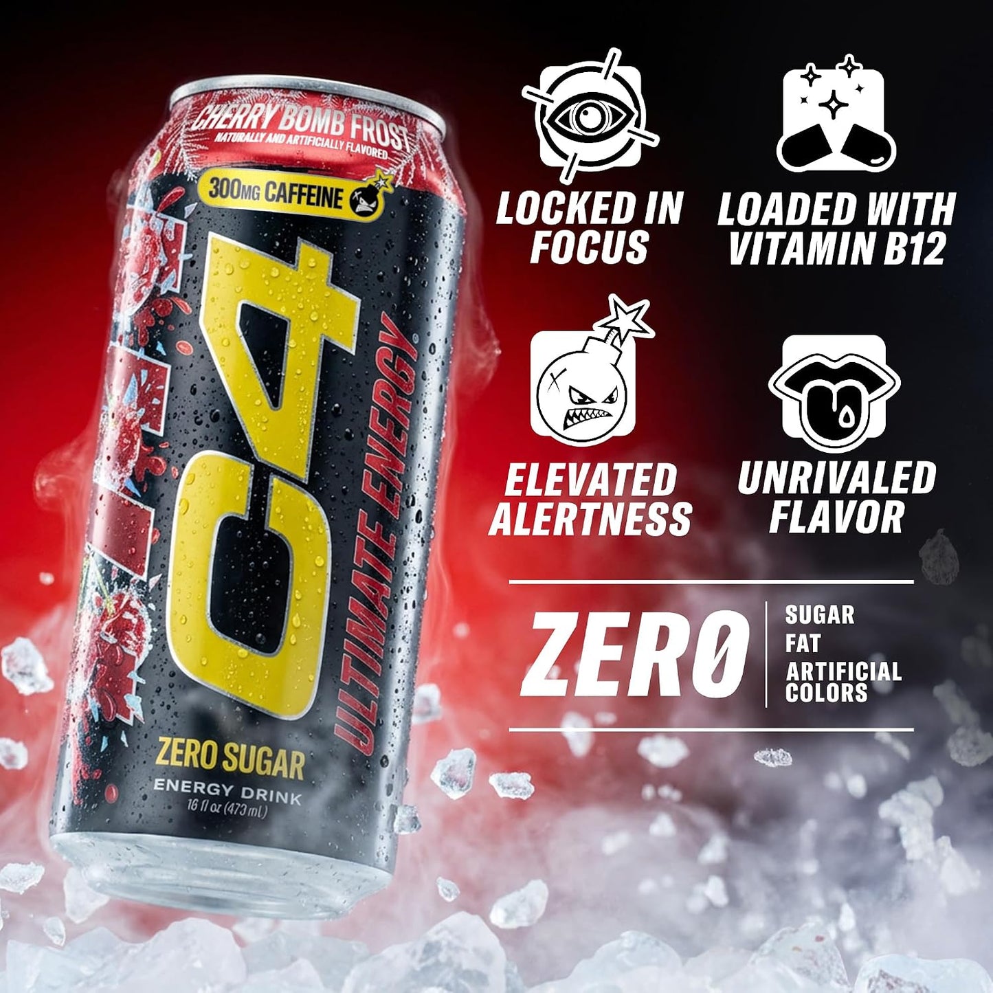 Ultimate Energy Drink, 300Mg Caffeine, Zero Sugar, High-Performance Energy for Pre-Workout, Endurance, and Focus, Cherry Bomb Frost, 16Oz (Pack of 12)