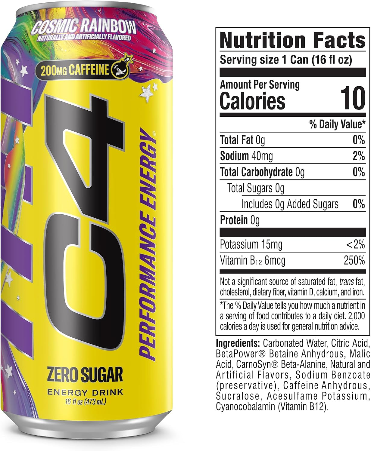 Performance Energy Drink Cosmic Rainbow, Zero Sugar Carbonated Preworkout Energy, 200Mg Caffeine with Beta Alanine, 16 Fl Oz (12 Pack), Packaging May Vary