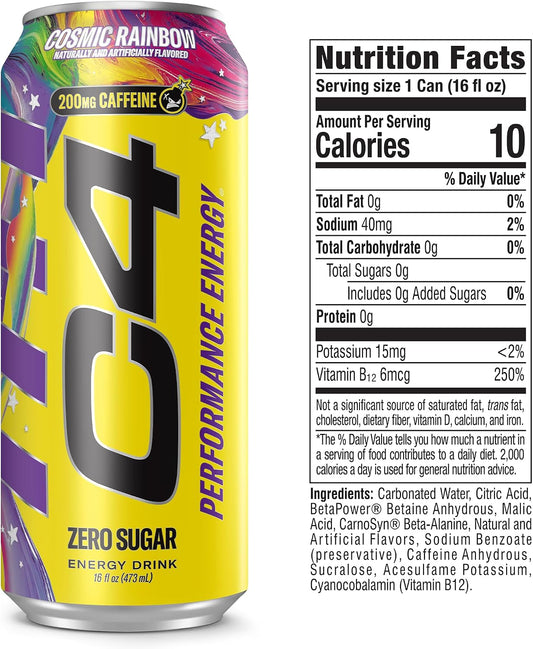 Performance Energy Drink Cosmic Rainbow, Zero Sugar Carbonated Preworkout Energy, 200Mg Caffeine with Beta Alanine, 16 Fl Oz (12 Pack), Packaging May Vary