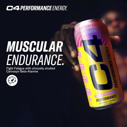 Performance Energy Drink | Strawberry Blast | Zero Sugar Carbonated Preworkout Energy | 200Mg Caffeine with Beta Alanine | 16 Fl Oz (12 Pack)