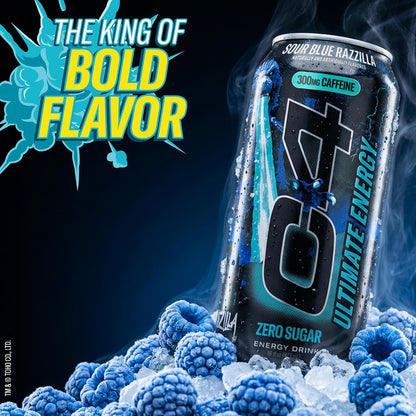 Ultimate Energy Drink, 300Mg Caffeine, Zero Sugar, High-Performance Energy for Pre-Workout, Endurance, and Focus, Sour Blue Razzilla, 16Oz (Pack of 12)