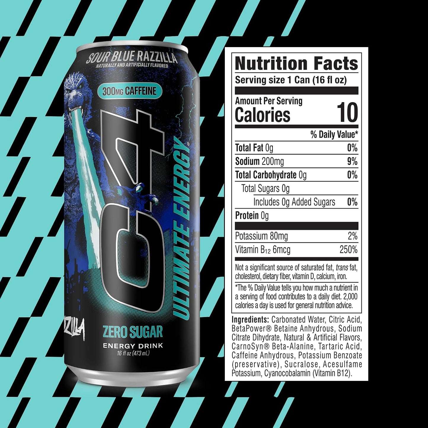 Ultimate Energy Drink, 300Mg Caffeine, Zero Sugar, High-Performance Energy for Pre-Workout, Endurance, and Focus, Sour Blue Razzilla, 16Oz (Pack of 12)