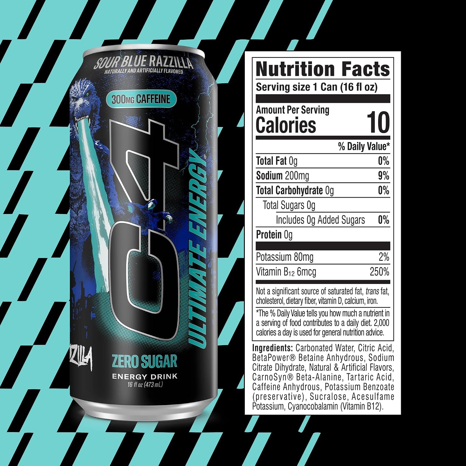 Ultimate Energy Drink, 300Mg Caffeine, Zero Sugar, High-Performance Energy for Pre-Workout, Endurance, and Focus, Sour Blue Razzilla, 16Oz (Pack of 12)