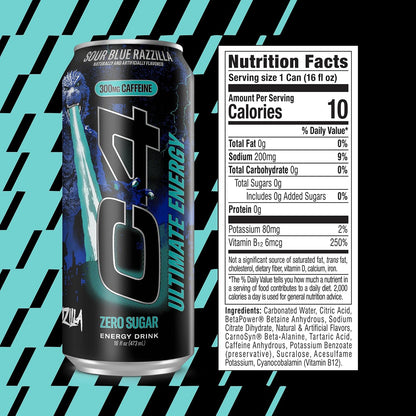 Ultimate Energy Drink, 300Mg Caffeine, Zero Sugar, High-Performance Energy for Pre-Workout, Endurance, and Focus, Sour Blue Razzilla, 16Oz (Pack of 12)