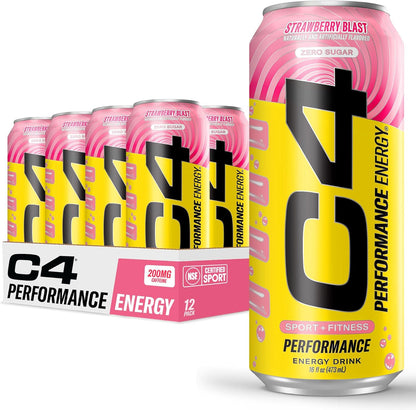 Performance Energy Drink | Strawberry Blast | Zero Sugar Carbonated Preworkout Energy | 200Mg Caffeine with Beta Alanine | 16 Fl Oz (12 Pack)