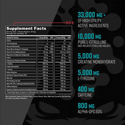 Pre Workout - Massive Pumps Laser Focus Energy Power - L-Citrulline, Creatine, L-Tyrosine, Betaine, Hydroprime, Alpha-Gpc, 400Mg Caffeine, Huperzine a 808G (White Gummy Bear)