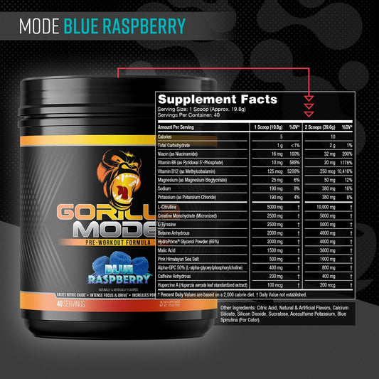 Gorilla Mode Pre Workout - Massive Pumps Laser Focus Energy Power - L-Citrulline, Creatine, L-Tyrosine, Betaine, Hydroprime, Alpha-Gpc, 400Mg Caffeine, Huperzine a - 792G (Blue Raspberry)